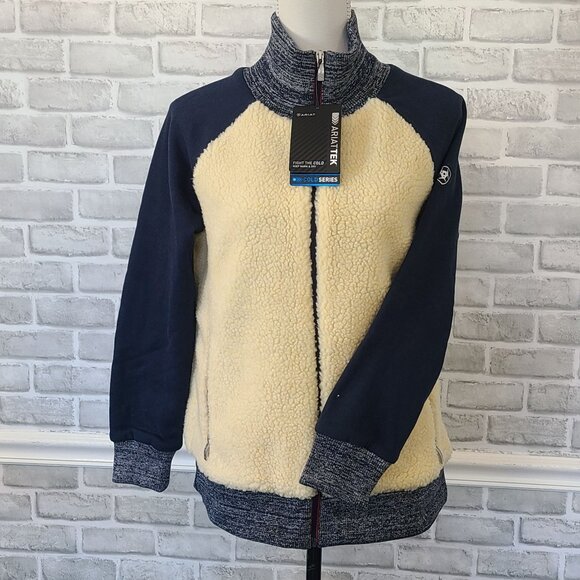 Ariat Tek Sherpa Baseball Bomber Jacket Cream Blue Fleece NEW  Womens S Gorpcore - Picture 1 of 11
